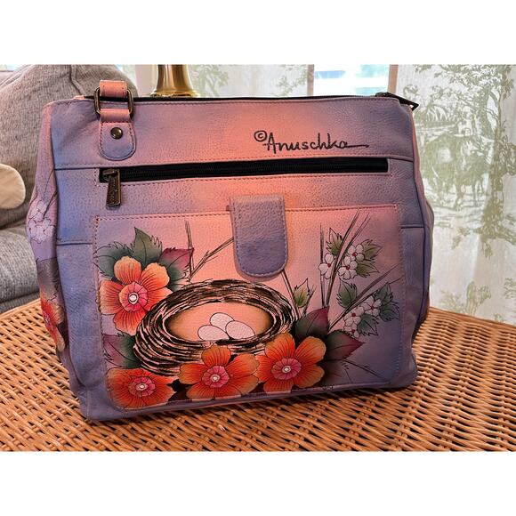 ANUSCHKA Hand painted Leather Crossbody Bag Bird & Flowers - Picture 3 of 11